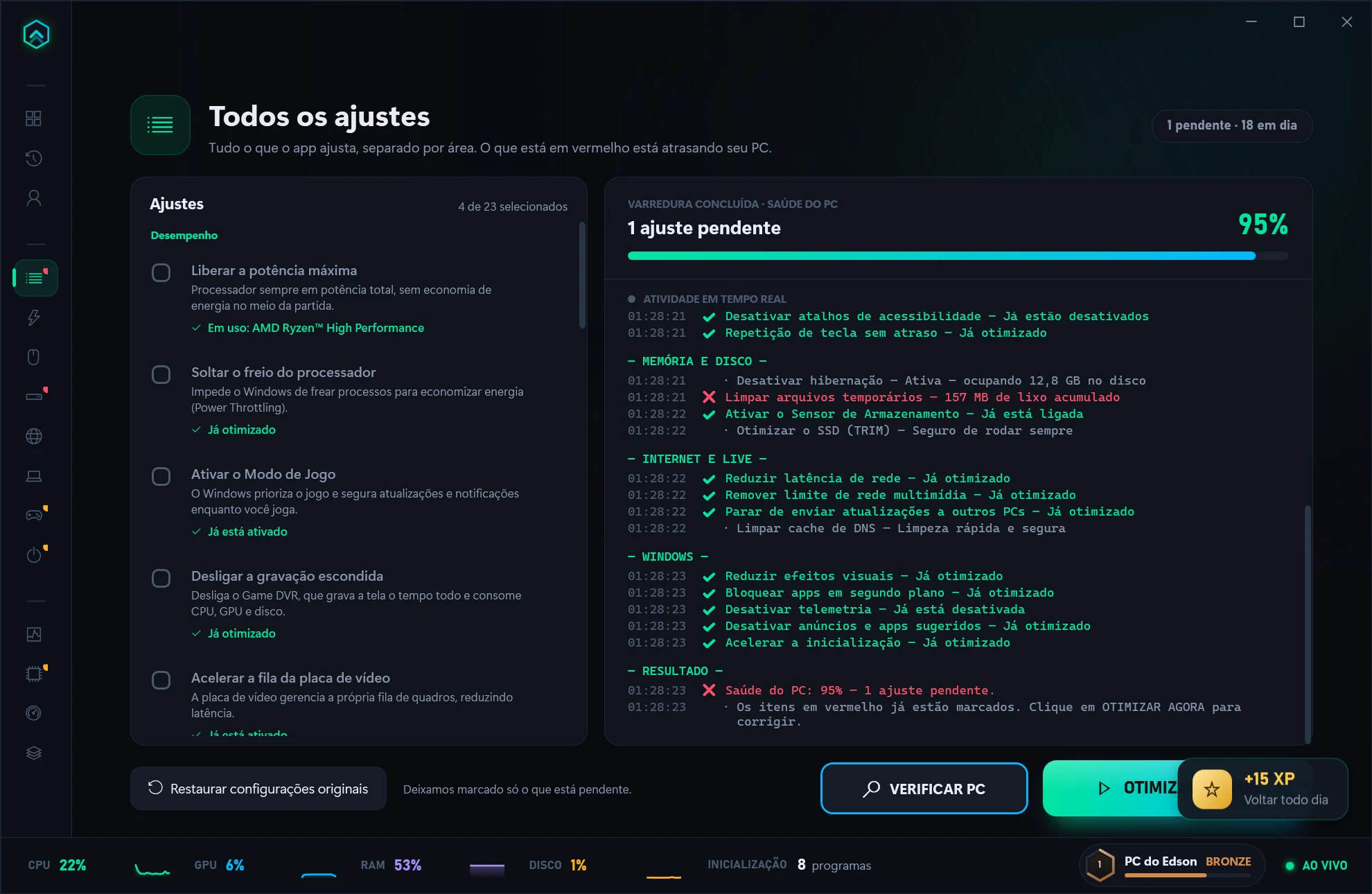 Tela "Otimização em 1 clique" do FPSUP